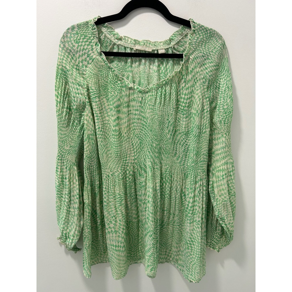 Sunny Leigh Green White Geometric Pleated Blouse V-Neck XL SW152303